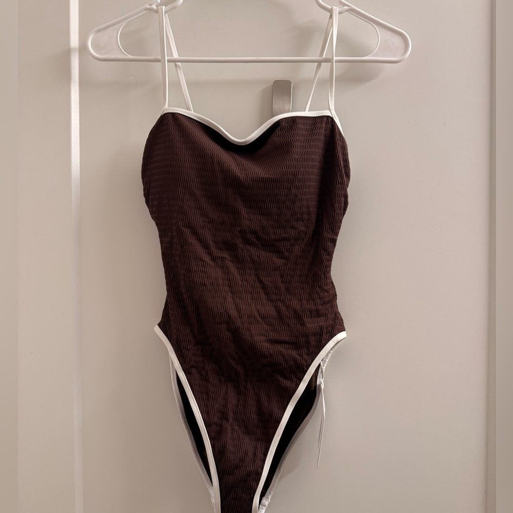 Classic Brown One-Piece Swimsuit with White Trim